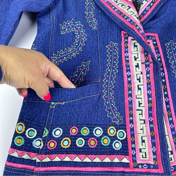 Vintage Y2K Entice Embroidered Dark Blue Denim Jean Jacket Blazer Hippie Medium - Picture 14 of 16